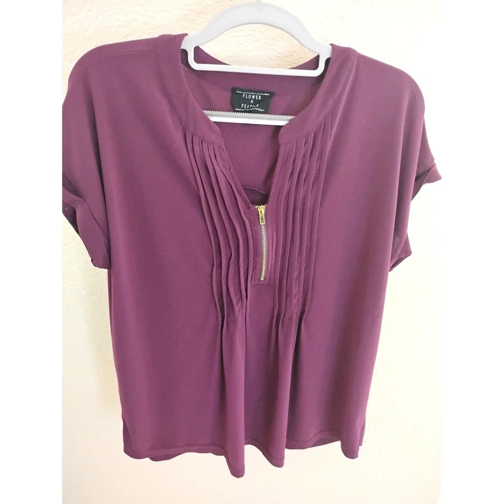 💗Flower & Feather Pleated Zip Blouse  Business Casual Preppy Clean Minimalist